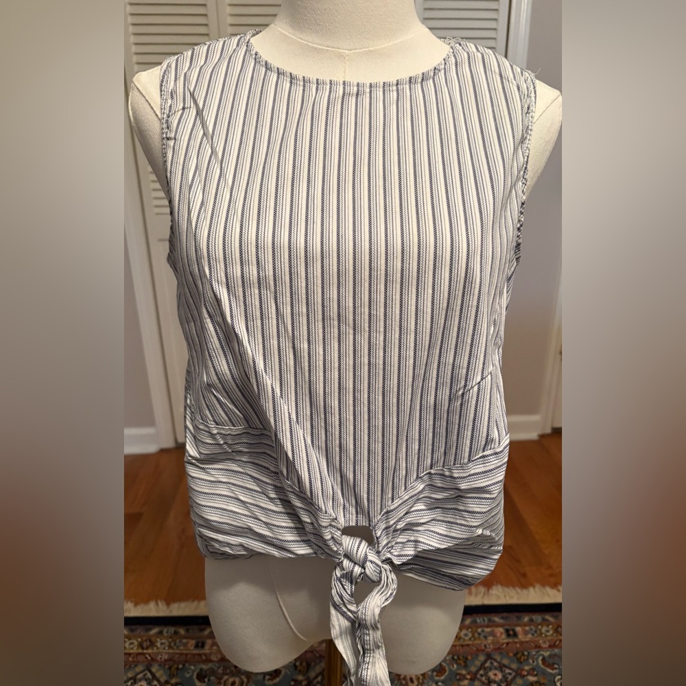Aqua Navy blue and White Striped Tie-Front Blouse